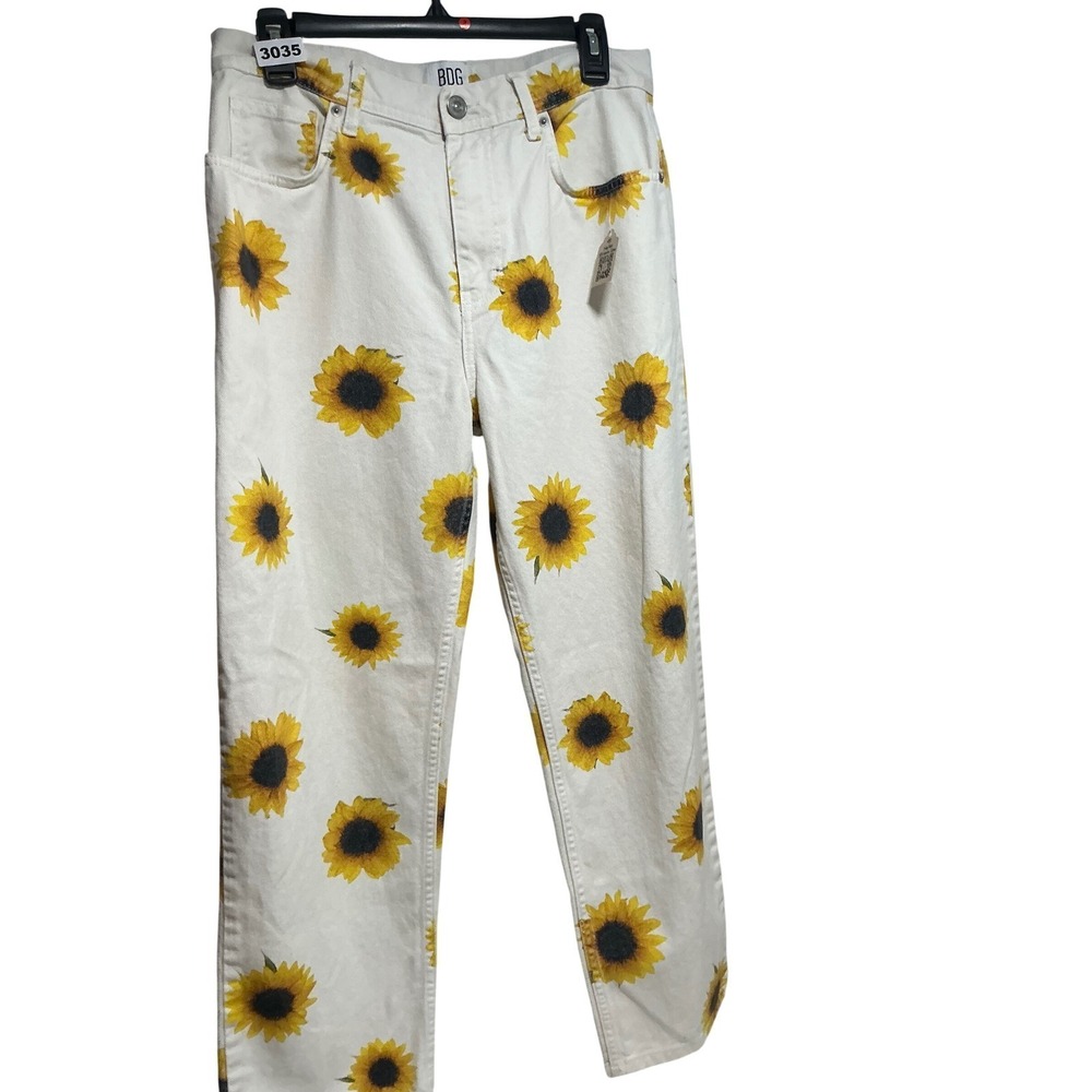 BDG Urban Outfitters Sunflower Print Jeans White Straight Leg Floral 30W 32L